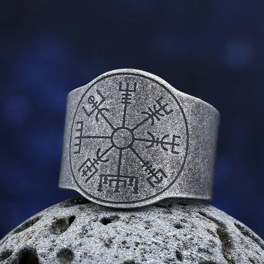 Norse Viking Compass Ring Mens Vegvisir - Stainless Steel Silver - Unisex