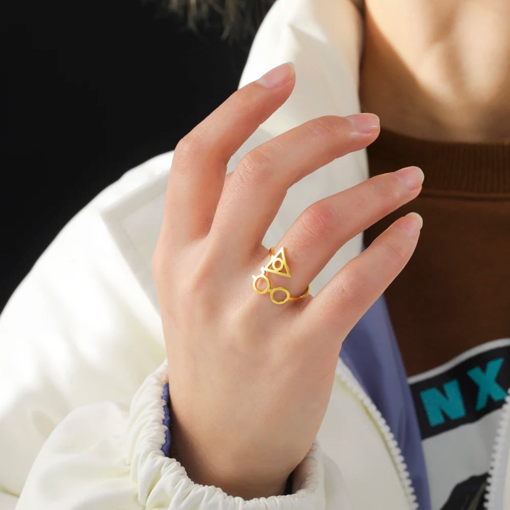 Harry Potter Ring Deathly Hallows / Glasses - Stainless Silver & Gold - Unisex - Adjustable