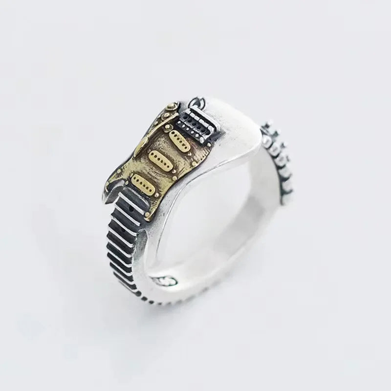 Fender Stratocaster Electric Guitar Wraparound Mens Ring - Silver & Gold - Unisex - Adjustable