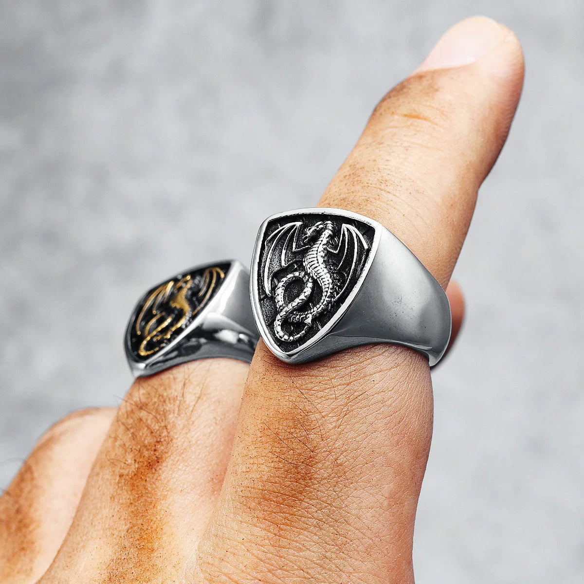 Dragon Ring Signet Mens - Stainless Steel Silver & Gold - Unisex