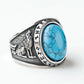 Turquoise Wolf Hawk Viking Rune Mens Ring - Stainless Steel Silver - Unisex