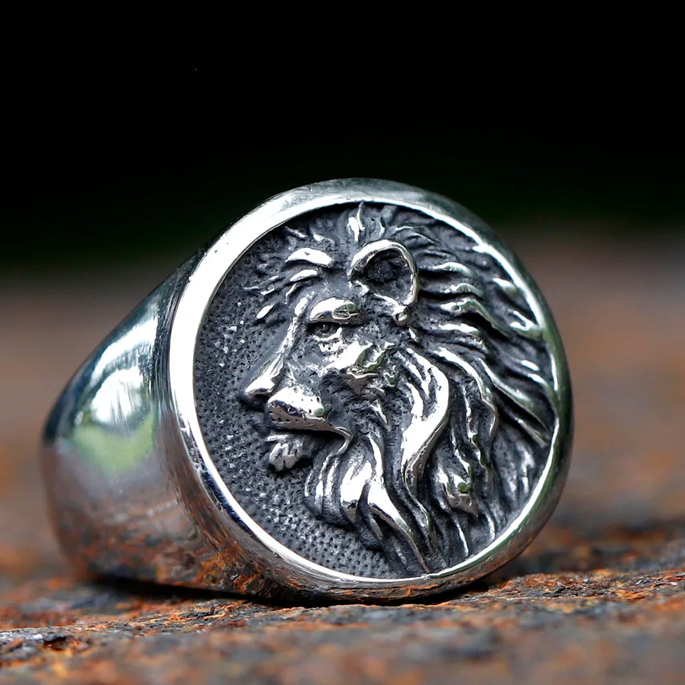 Lion Head Mens Signet Ring - Stainless Steel Silver - Unisex