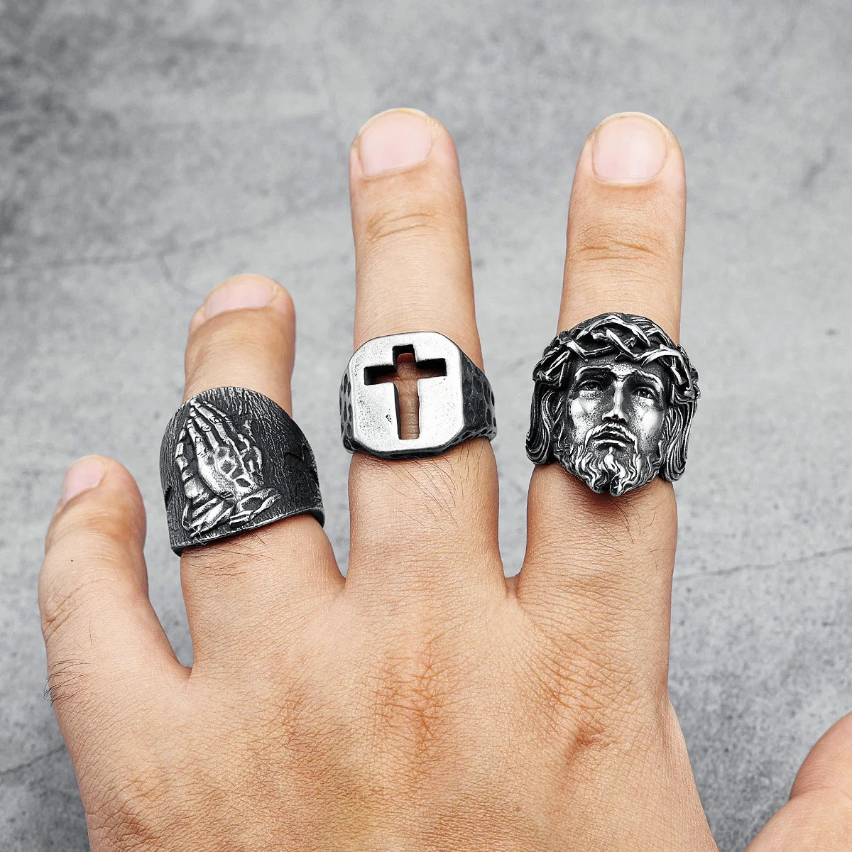 Vintage Spotted Cutout Christian Cross Ring Mens - Stainless Steel Silver - Unisex