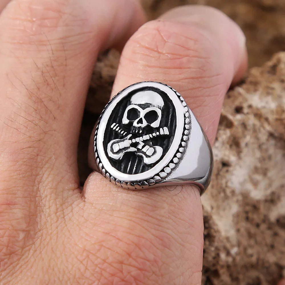 Skull Guitar Ring Grunge Signet Mens - Stainless Steel Silver - Unisex