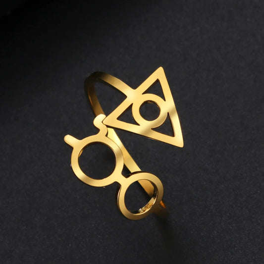 Harry Potter Ring Deathly Hallows / Glasses - Stainless Silver & Gold - Unisex - Adjustable