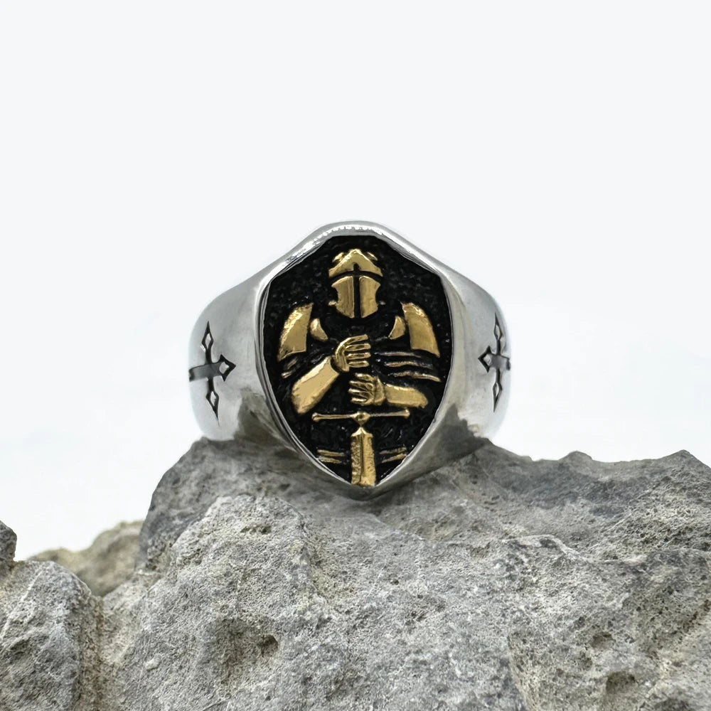 Knight Ring Medieval Sword Mens - Stainless Steel Silver & Gold - Unisex
