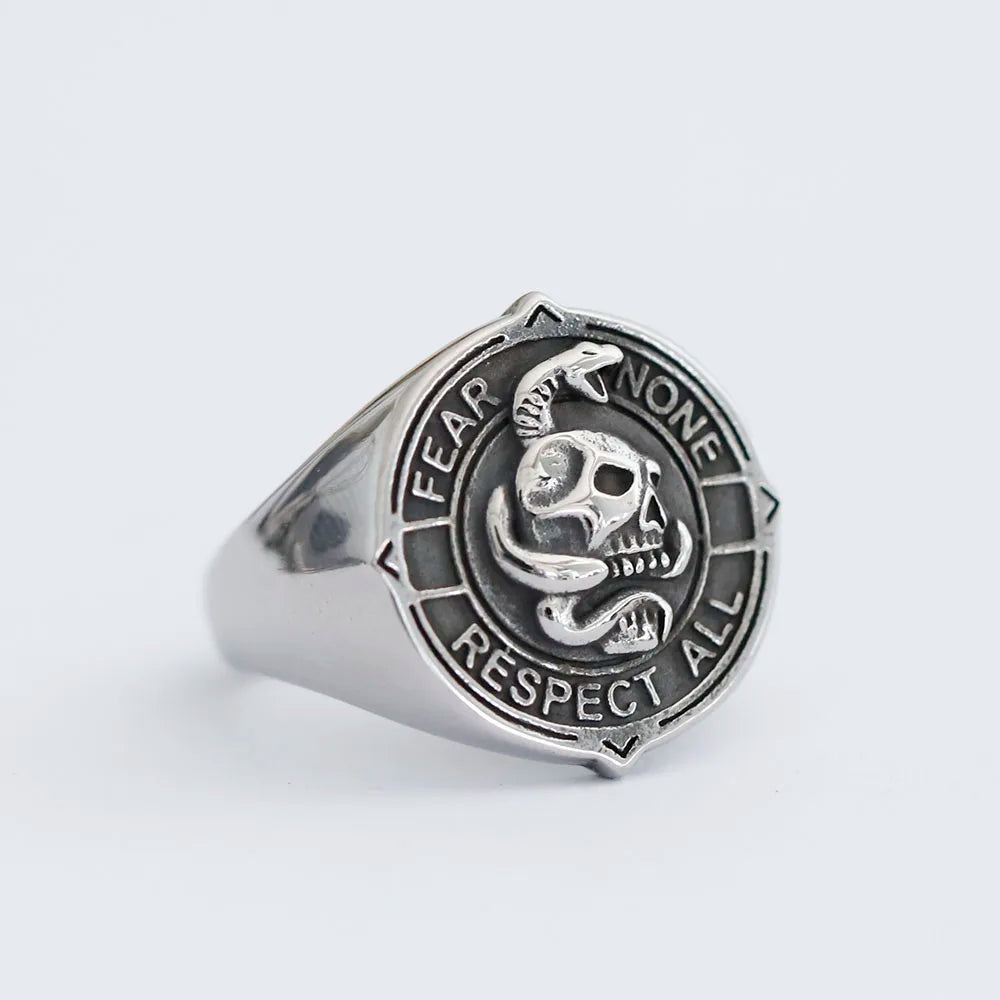 Skull & Snake Mens Signet Ring - Stainless Steel Silver - Unisex