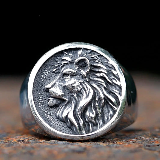 Lion Head Mens Signet Ring - Stainless Steel Silver - Unisex