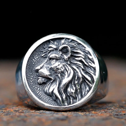 Lion Head Mens Signet Ring - Stainless Steel Silver - Unisex