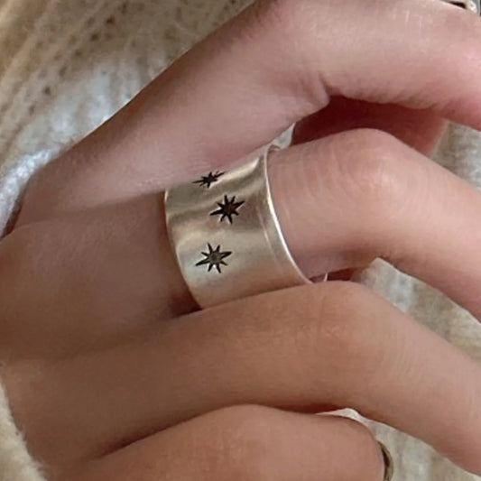 Celestial Hippie Boho Star Chunky Ring - Silver - Adjustable - Unisex