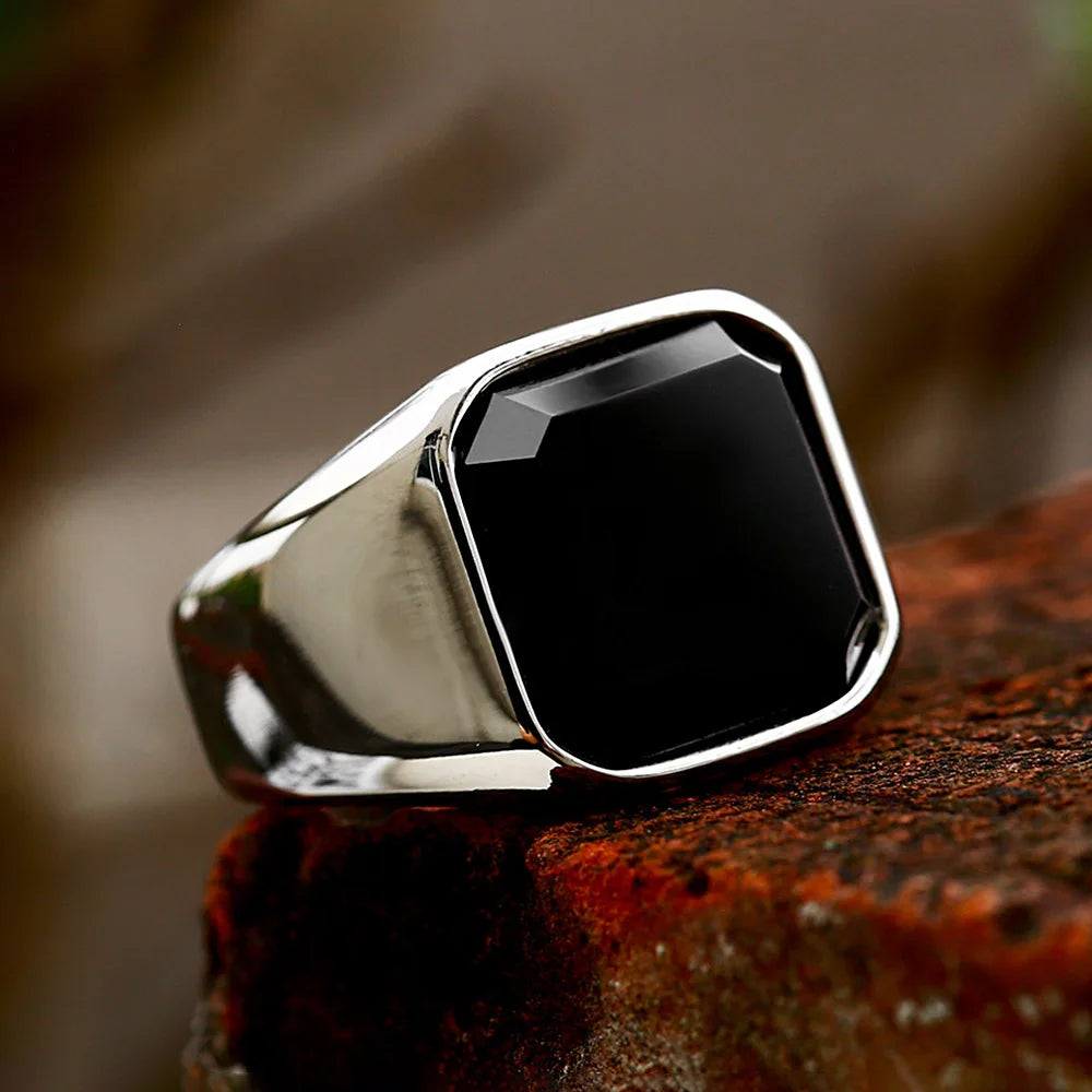 Black Onyx Gemstone Square Mens Ring - Stainless Steel Silver - Unisex