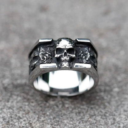 Skull & Roses Mens Ring - Stainless Steel Silver - Unisex