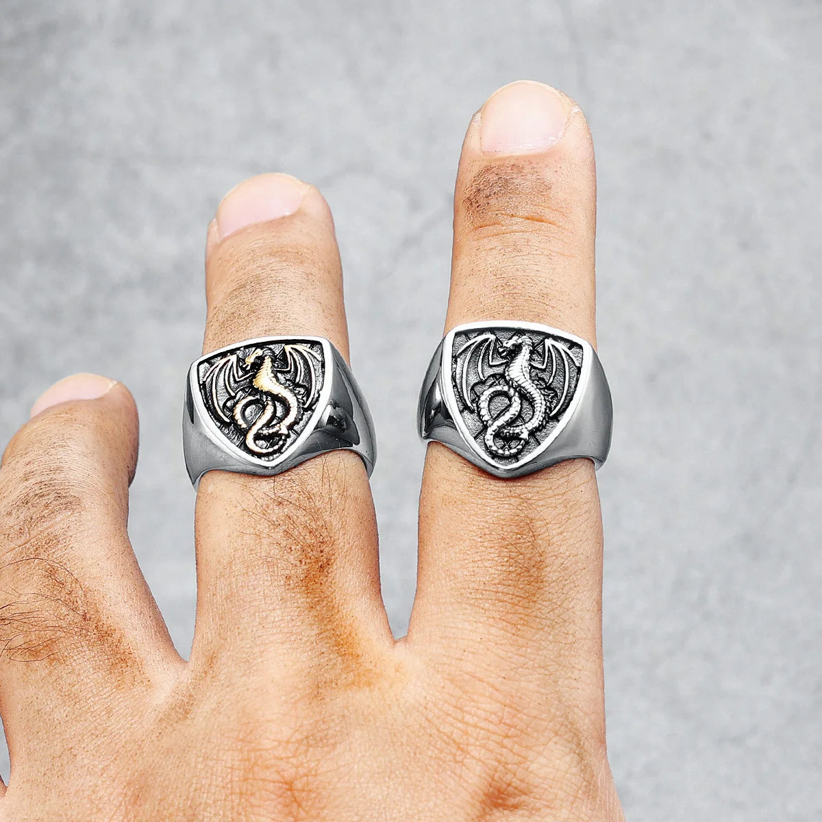 Dragon Ring Signet Mens - Stainless Steel Silver & Gold - Unisex