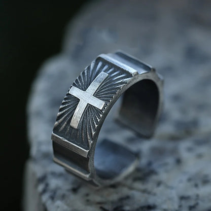 Open Christian Cross Ring Mens - 925 Silver - Adjustable - Unisex