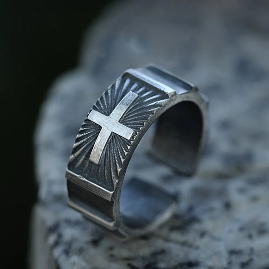Open Christian Cross Ring Mens - 925 Silver - Adjustable - Unisex
