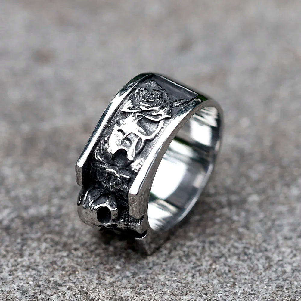 Skull & Roses Mens Ring - Stainless Steel Silver - Unisex