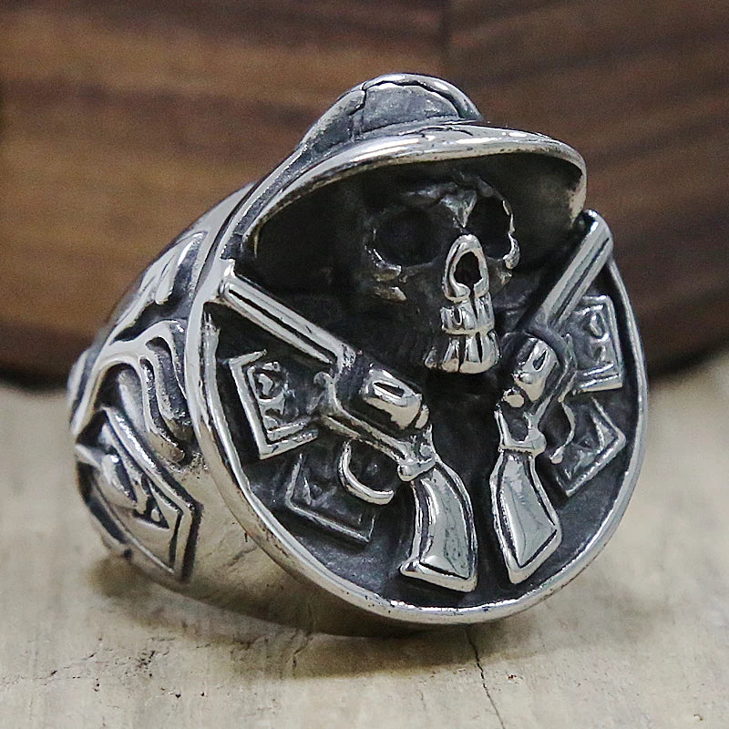 Skull Gun Cowboy Ring Mens - Stainless Steel Silver - Unisex