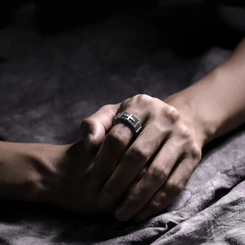 Open Christian Cross Ring Mens - 925 Silver - Adjustable - Unisex