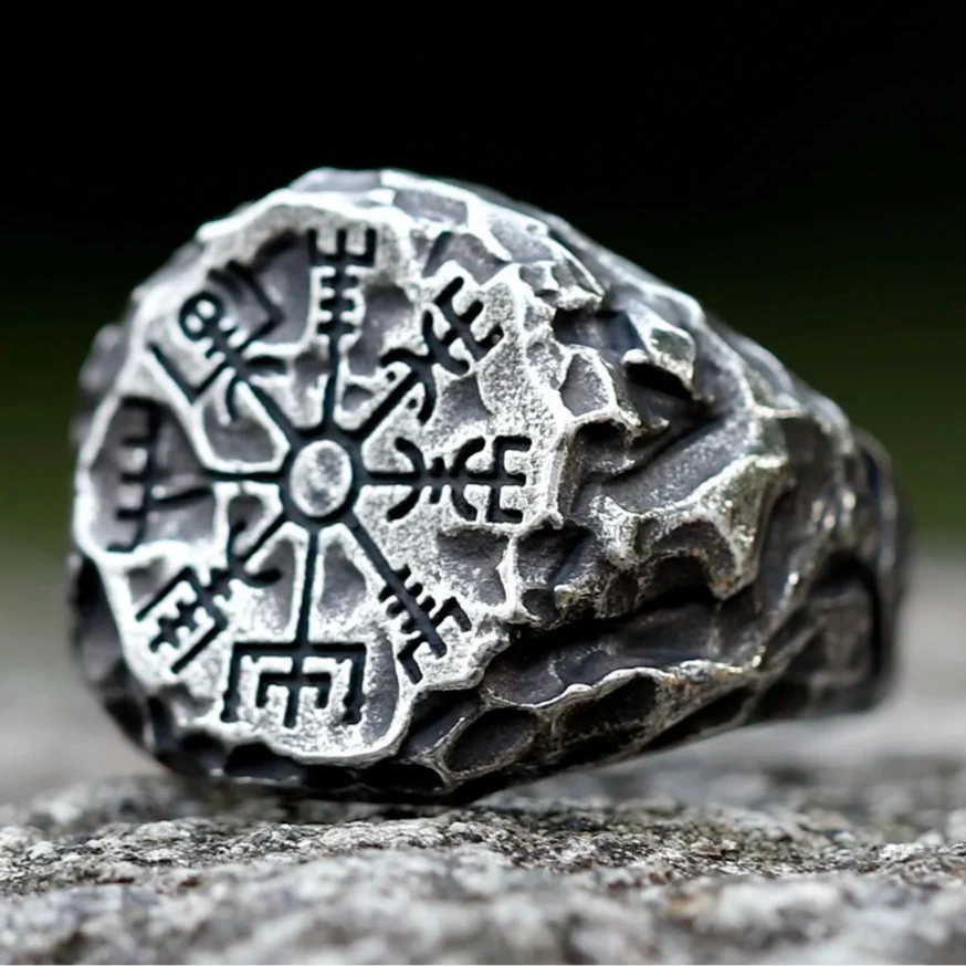 Rugged Norse Viking Compass Ring Mens Vegvisir - Stainless Steel Silver - Unisex