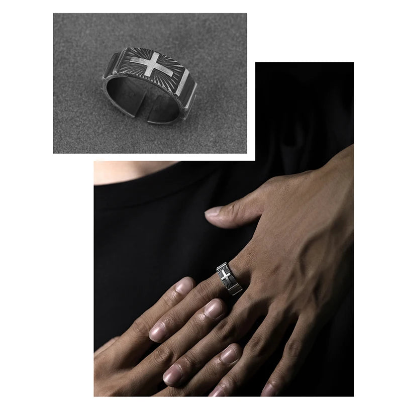 Open Christian Cross Ring Mens - 925 Silver - Adjustable - Unisex