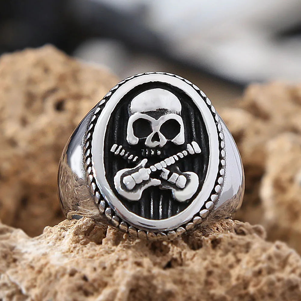 Skull Guitar Ring Grunge Signet Mens - Stainless Steel Silver - Unisex
