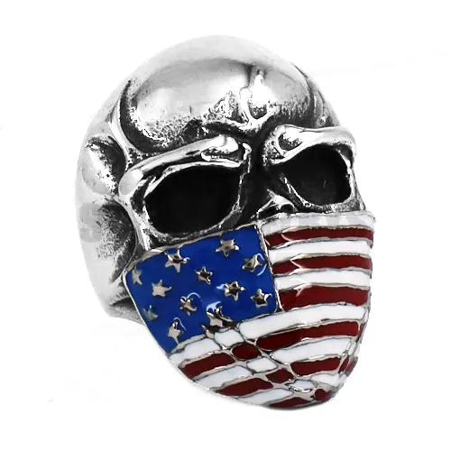 Skull USA American Flag Ring Mens - Stainless Steel Silver - Unisex