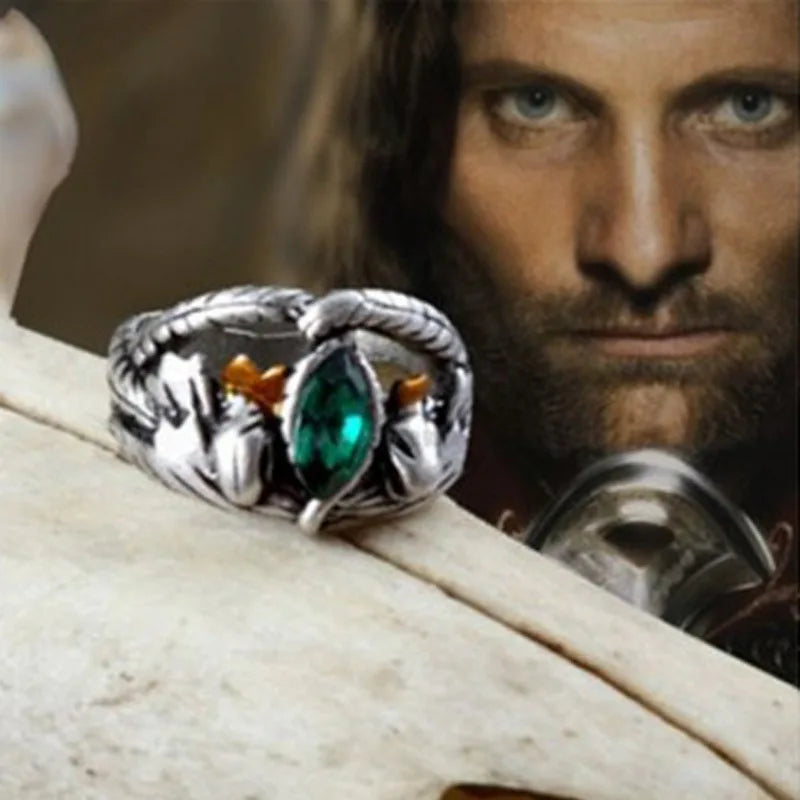 Aragorn Ring of Barahir Green Emerald Gemstone Lord of the Rings Mens Movie Ring - Silver - Unisex