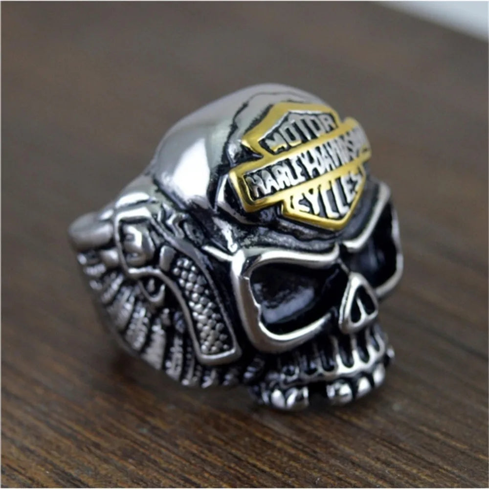 Skull Harley Davidson Ring Mens Biker Pistol Gun - Silver & Gold - Unisex