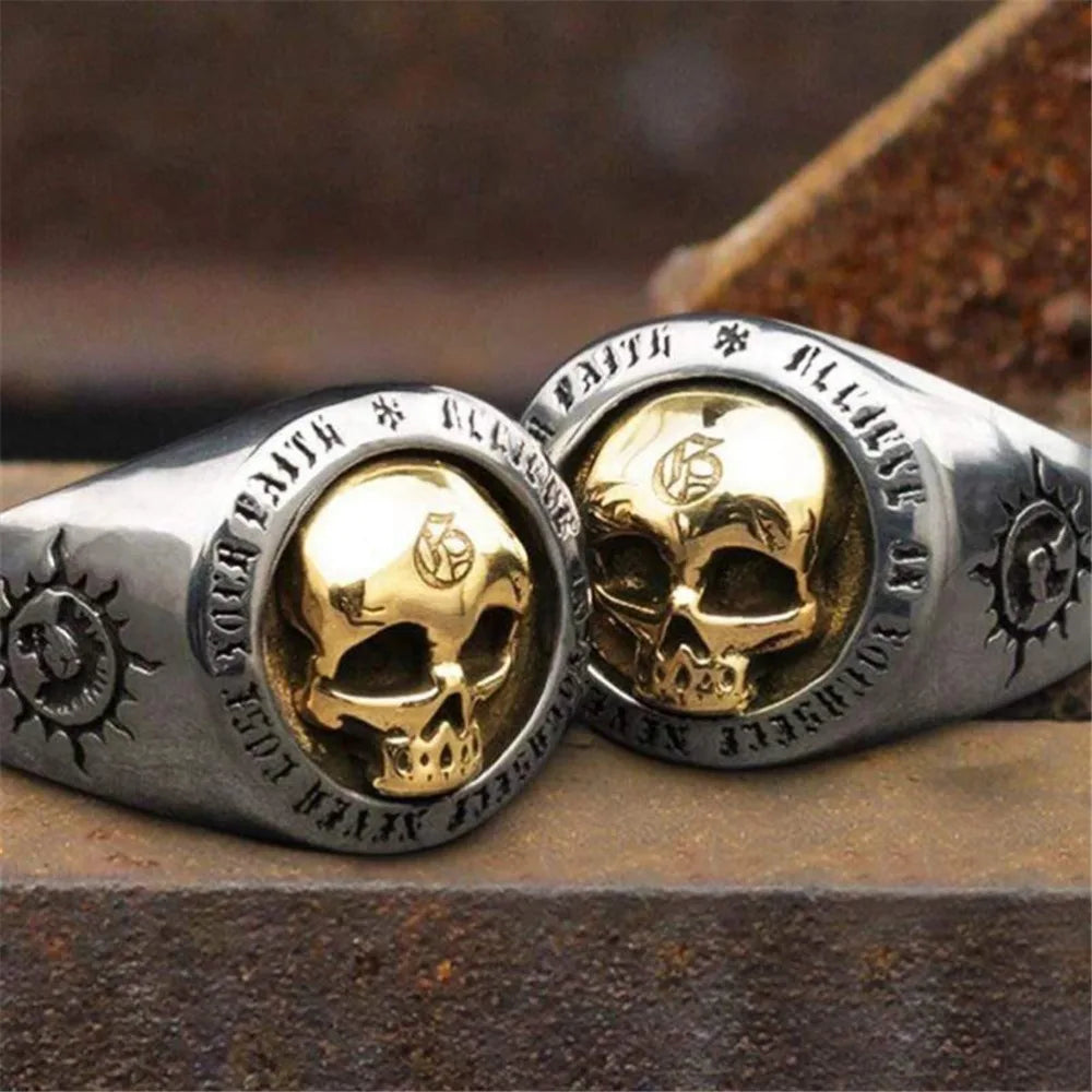 Gold Skull Mens Signet Ring - Stainless Steel Silver & Gold - Unisex