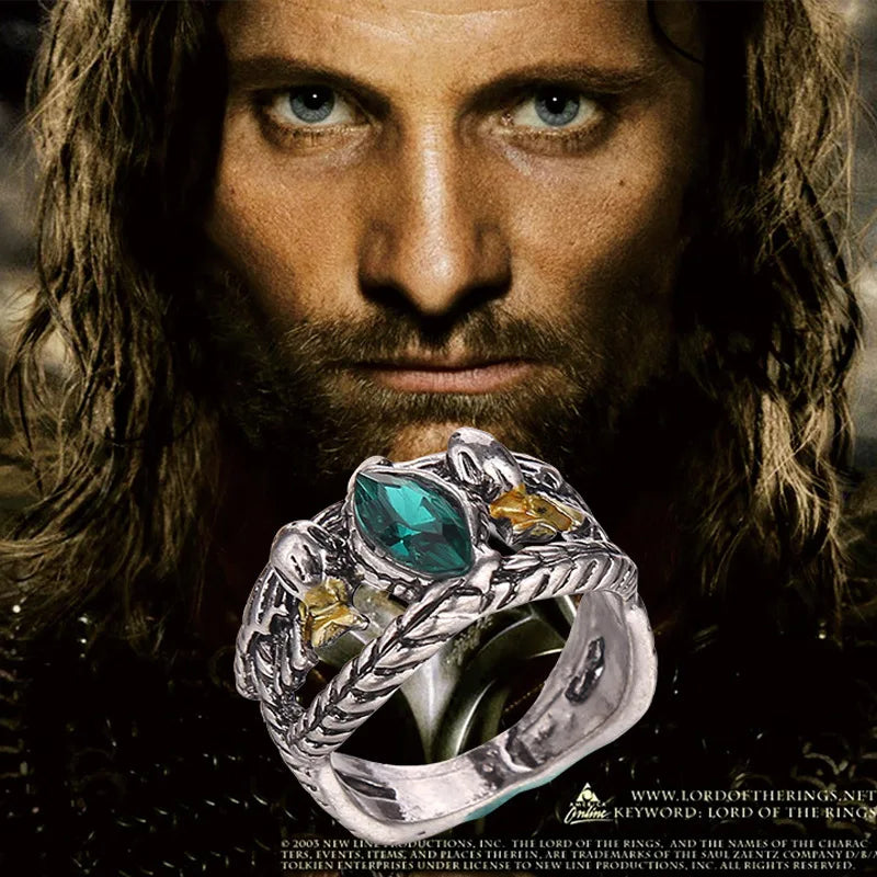 Aragorn Ring of Barahir Green Emerald Gemstone Lord of the Rings Mens Movie Ring - Silver - Unisex