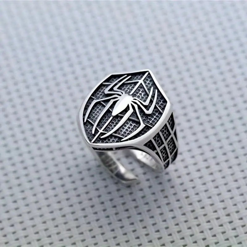Spiderman Ring Signet Mens Marvel Ring - Silver & Ruby Red - Unisex - Adjustable