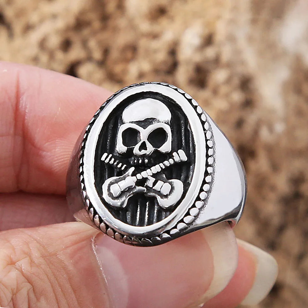 Skull Guitar Ring Grunge Signet Mens - Stainless Steel Silver - Unisex