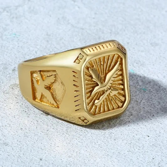 Eagle Square Mens Signet Ring - Stainless Steel Silver & Gold - Unisex