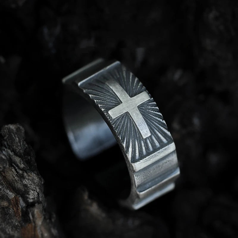 Open Christian Cross Ring Mens - 925 Silver - Adjustable - Unisex
