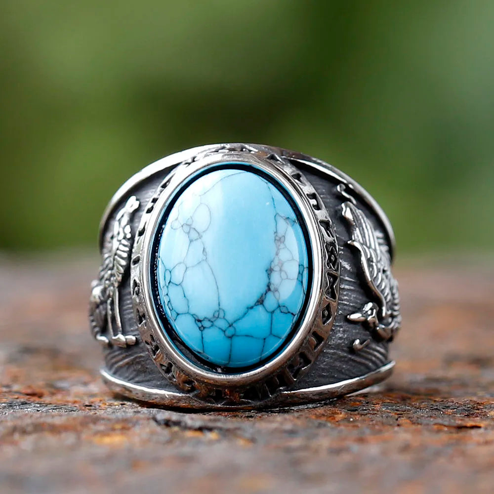 Turquoise Wolf Hawk Viking Rune Mens Ring - Stainless Steel Silver - Unisex