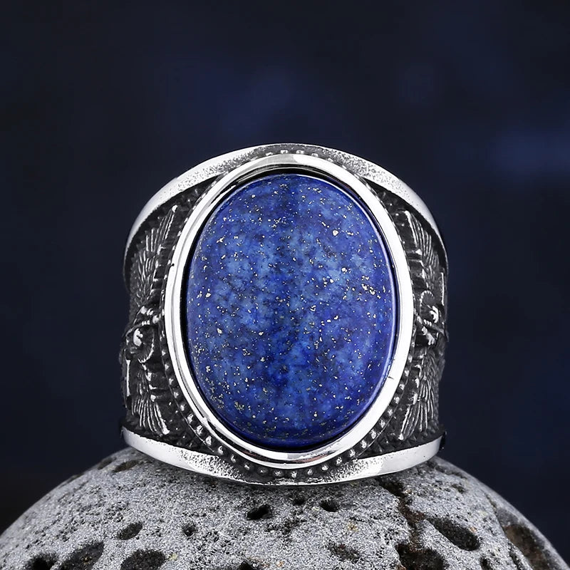 Blue Lapis Lazuli Gemstone Archangel Mens Ring - Stainless Steel Silver - Unisex