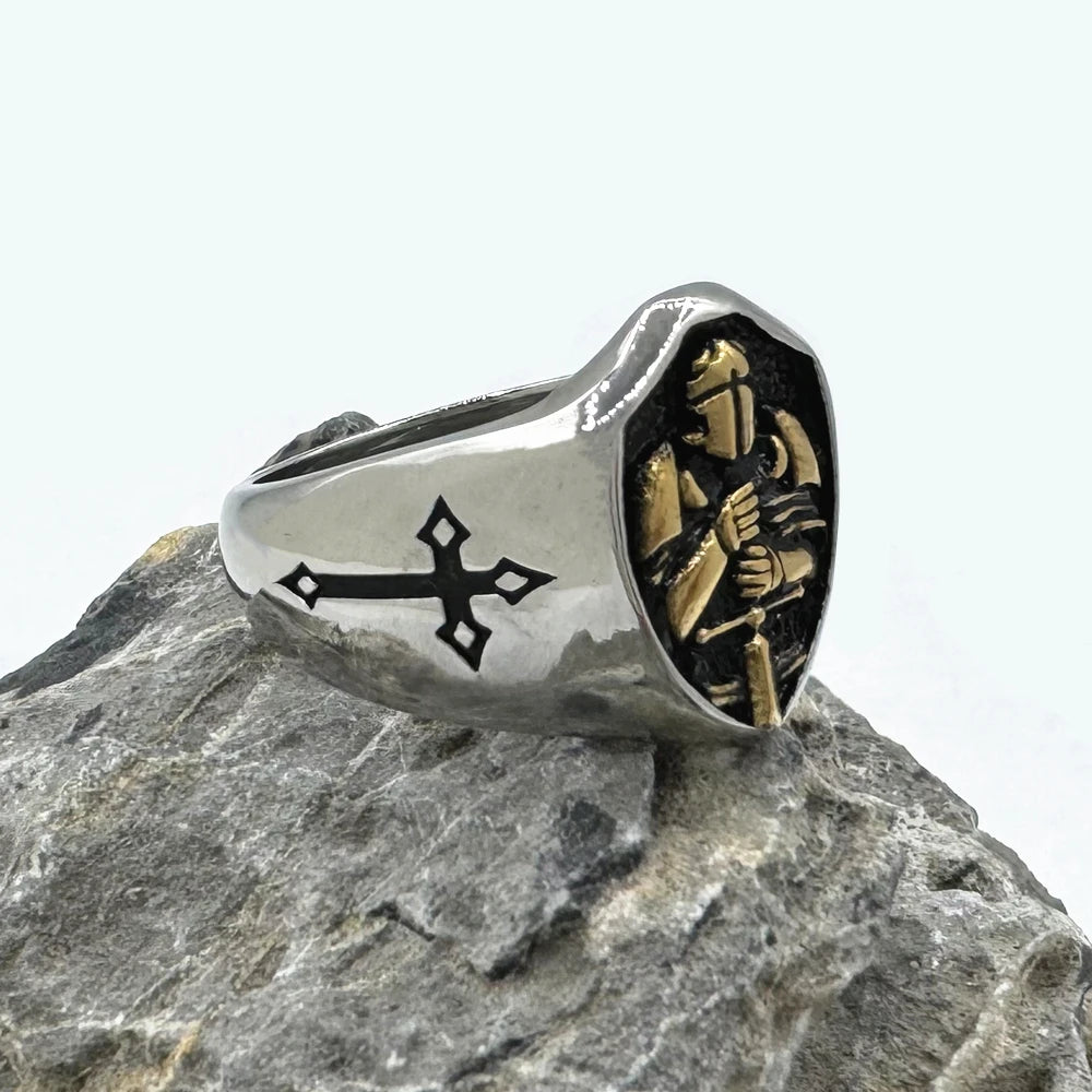 Knight Ring Medieval Sword Mens - Stainless Steel Silver & Gold - Unisex