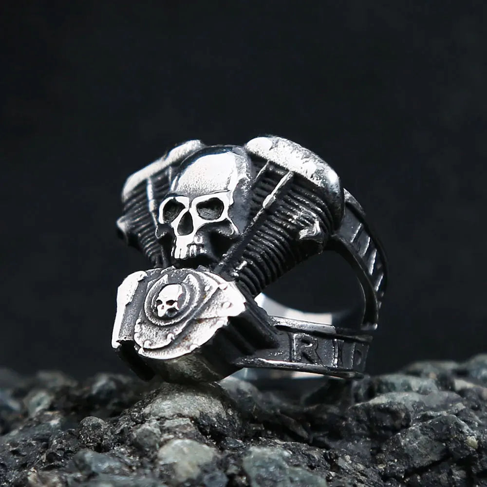 Live to Ride Motorcycle Skull Mens Biker Ring - Stainless Steel Silver - Unisex