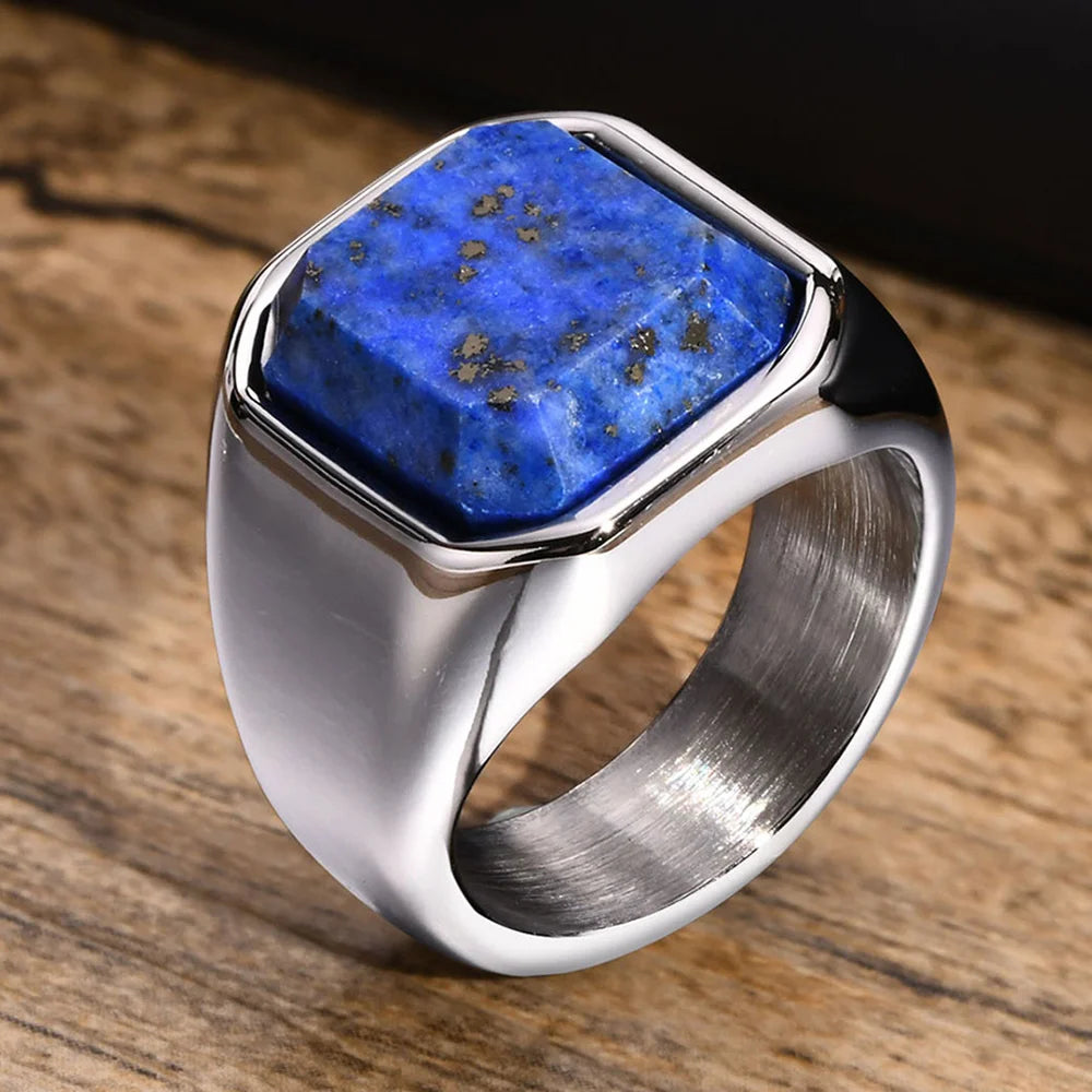 Blue Lapis Lazuli Gemstone Square Mens Signet Ring - Stainless Steel Silver - Unisex