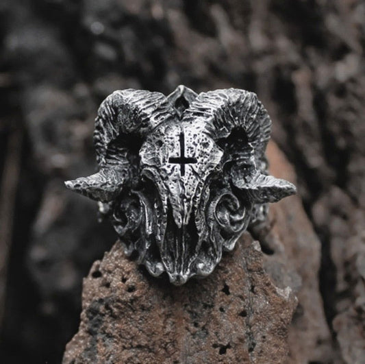 Skull Baphomet Goat Satanic Ring Mens Pentagram - Silver - Unisex - That Rock Aesthetic