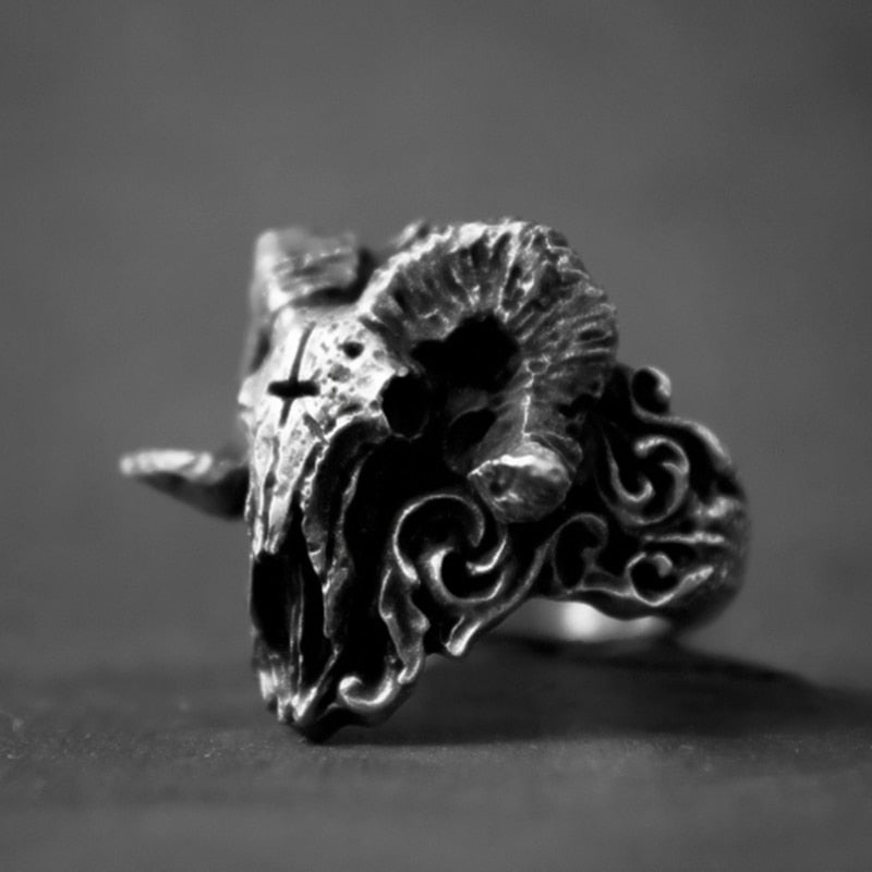 Skull Baphomet Goat Satanic Ring Mens Pentagram - Silver - Unisex - That Rock Aesthetic