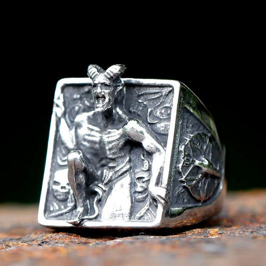 Satanic Skull Baphomet Ring Mens Devil Lucifer - Stainless Steel Silver - Unisex - That Rock Aesthetic