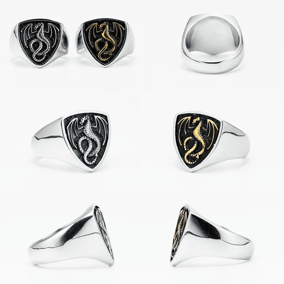 Dragon Ring Signet Mens - Stainless Steel Silver & Gold - Unisex