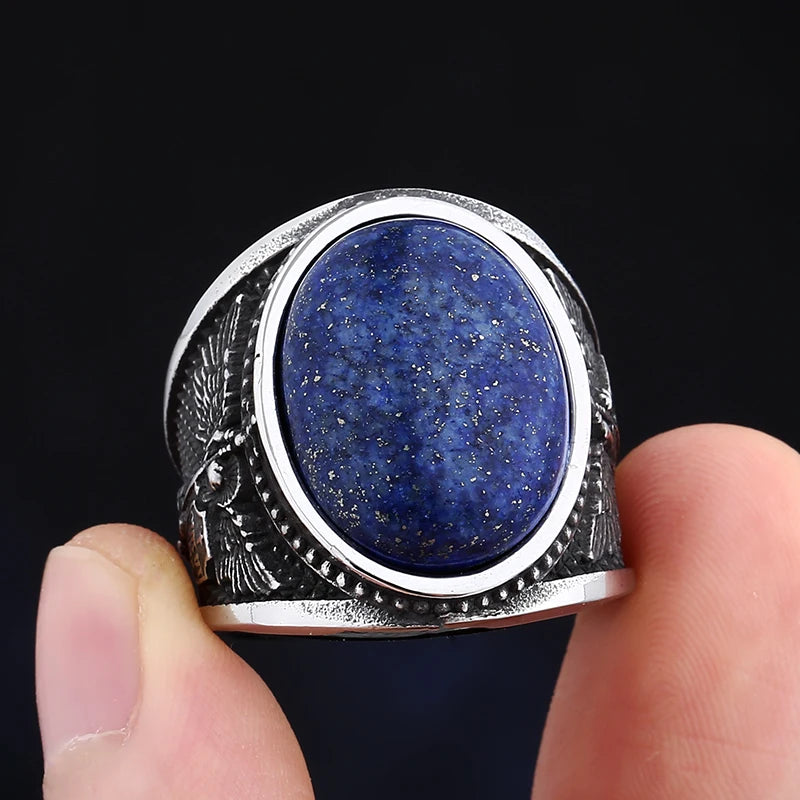 Blue Lapis Lazuli Gemstone Archangel Mens Ring - Stainless Steel Silver - Unisex