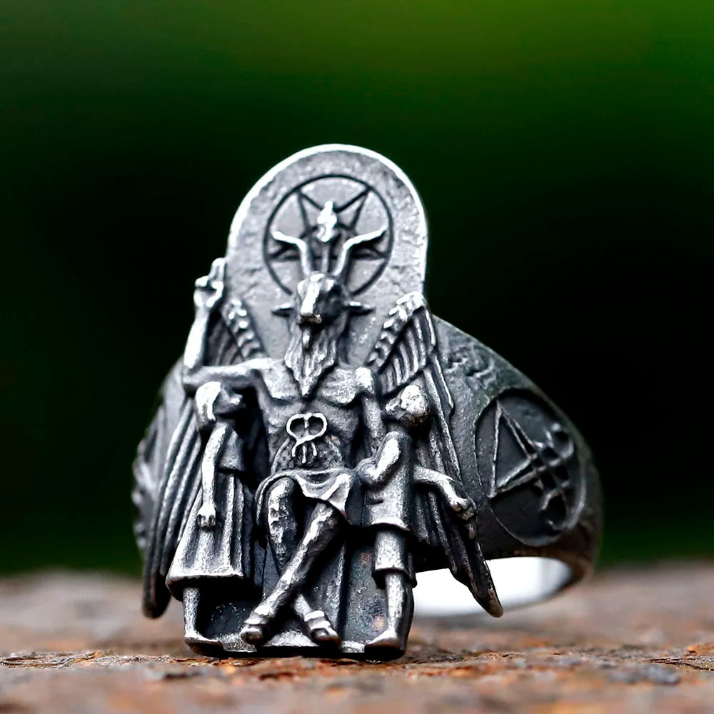 Satanic Throne of Baphomet Ring Mens - Stainless Steel Silver - Unisex