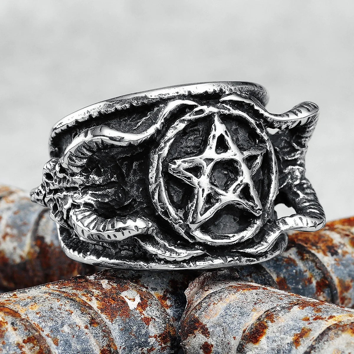 Satanic Devil Pentagram Ring Gothic Mens - Stainless Steel Silver - Unisex