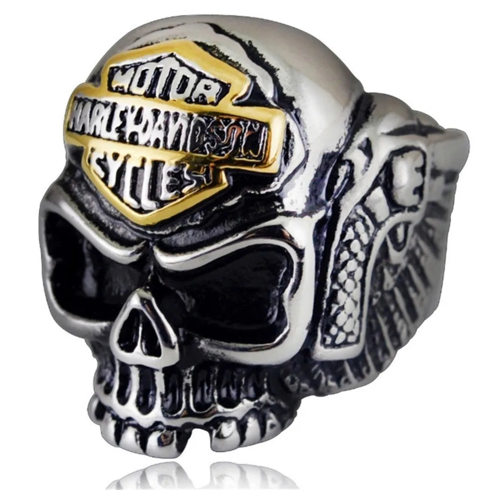 Skull Harley Davidson Ring Mens Biker Pistol Gun - Silver & Gold - Unisex