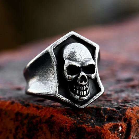 Gothic Biker Mens Skull Ring Hexagonal - Stainless Steel Silver - Unisex