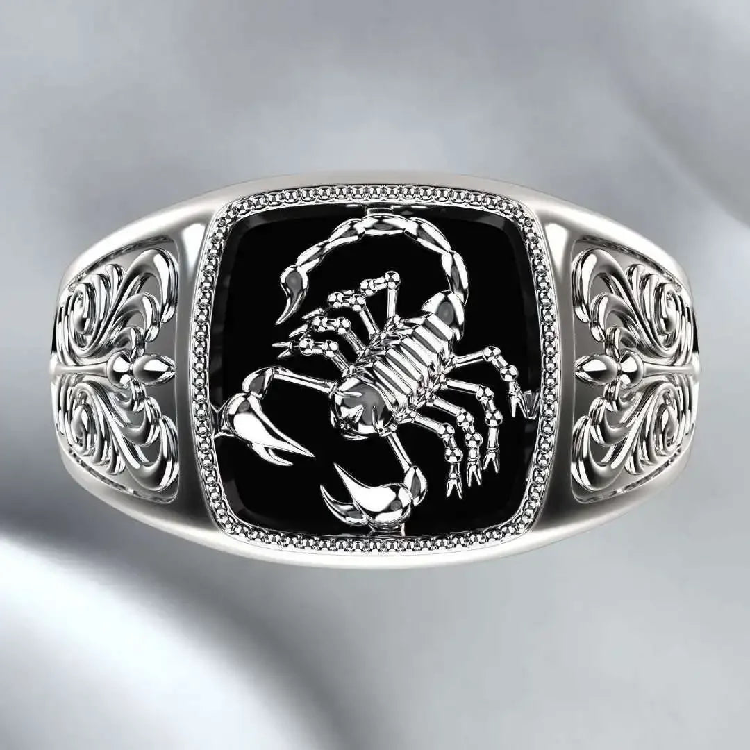 Scorpion Black Onyx Mens Signet Ring - Silver - Unisex