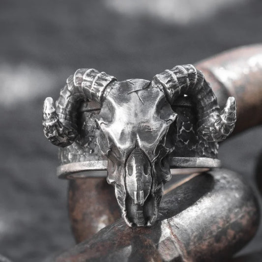 Sheep Ram Skull Mens Ring - Silver - Unisex - Adjustable